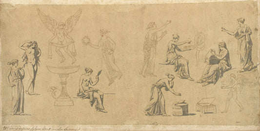 Studies of Classical Women, with Eros by Jacques-Louis David (French, 1748 - 1825), 16X12"(A3)Poster Print