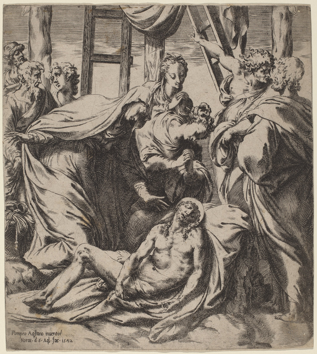 The Descent from the Cross by Orazio de Santis after Pompeo Cesura (Italian, active 1568 - 1584), 16X12"(A3)Poster Print
