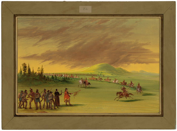 La Salle Meets a War Party of Cenis Indians on a Texas Prairie.  April 25, 1686 by George Catlin (American, 1796 - 1872), 16X12