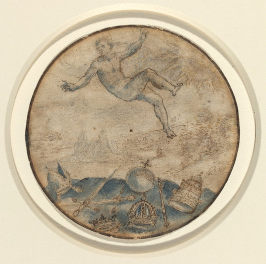 pen and brown ink with blue wash and touches of black ink, incised for transfer, on laid paper by Flemish 17th Century (Man Falling from the Sky), 16X12"(A3)Poster Print