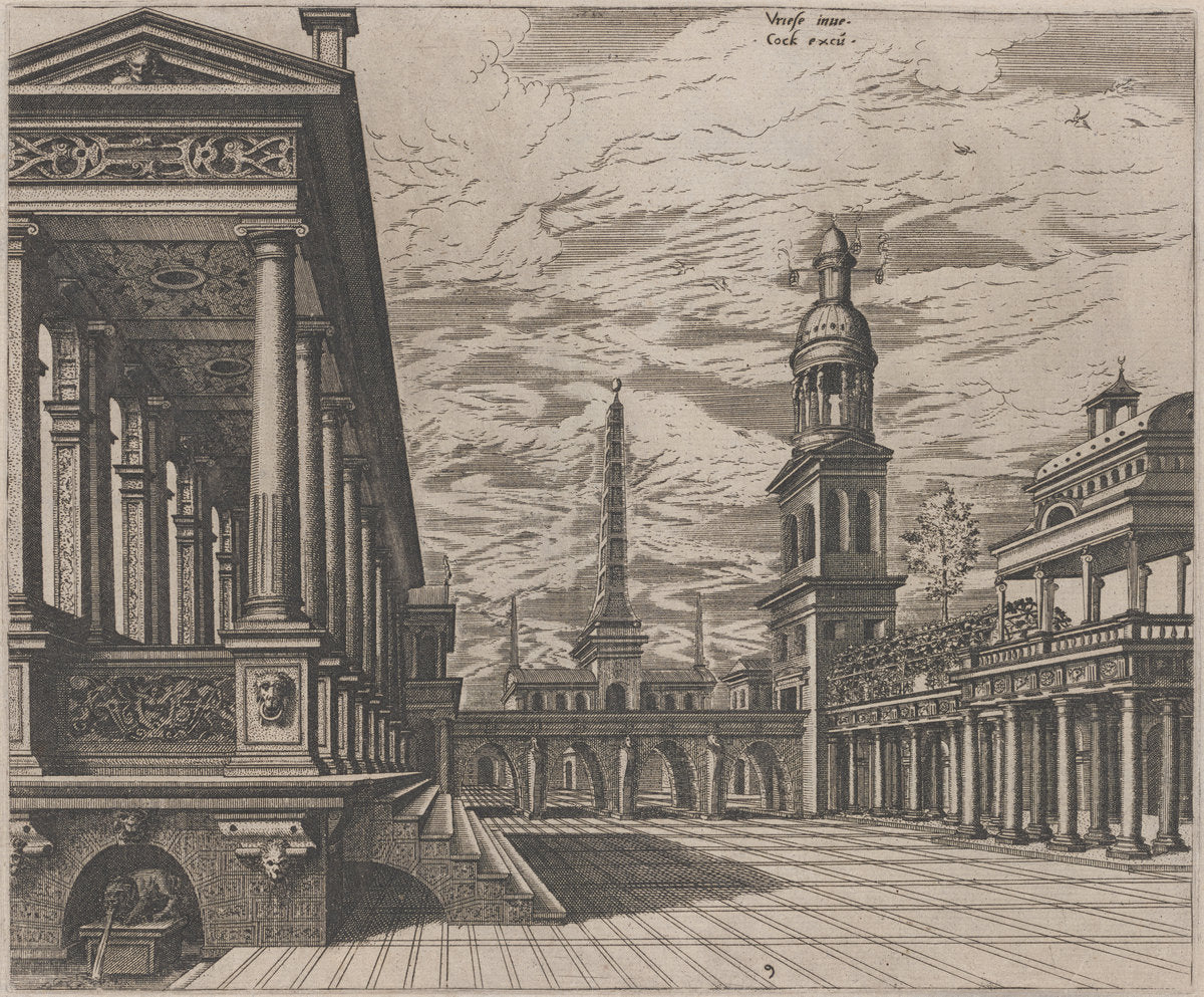 Town Square with a Colonnade at Left by Lucas van Doetechum and Johannes van Doetechum, the Elder, after Hans Vredeman de Vries (Dutch, active 1554/1572; died before 1589), 16X12"(A3)Poster Print