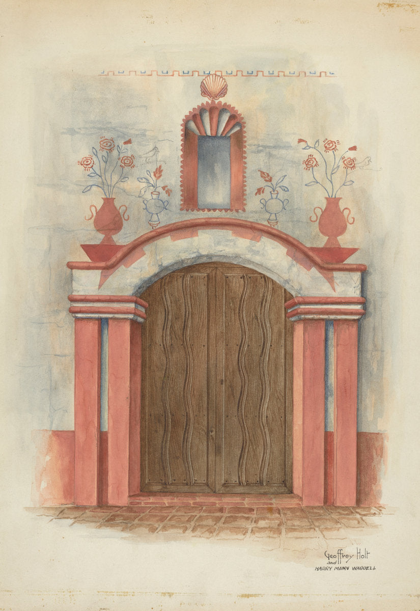 Restoration Drawing: Main Doorway, with Decorations, Mission House by Geoffrey Holt and Harry Mann Waddell (American, active c. 1935), 16X12"(A3)Poster Print