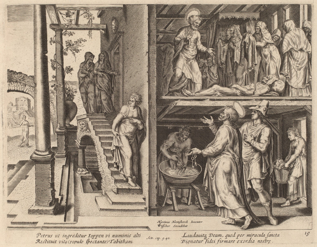 The Raising of Tabitha by Philip Galle after Maerten van Heemskerck (Flemish, 1537 - 1612), 16X12"(A3)Poster Print