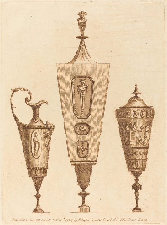 Two Classical Vases and an Ewer by Patrick Begbie (British, 18th century), 16X12"(A3)Poster Print
