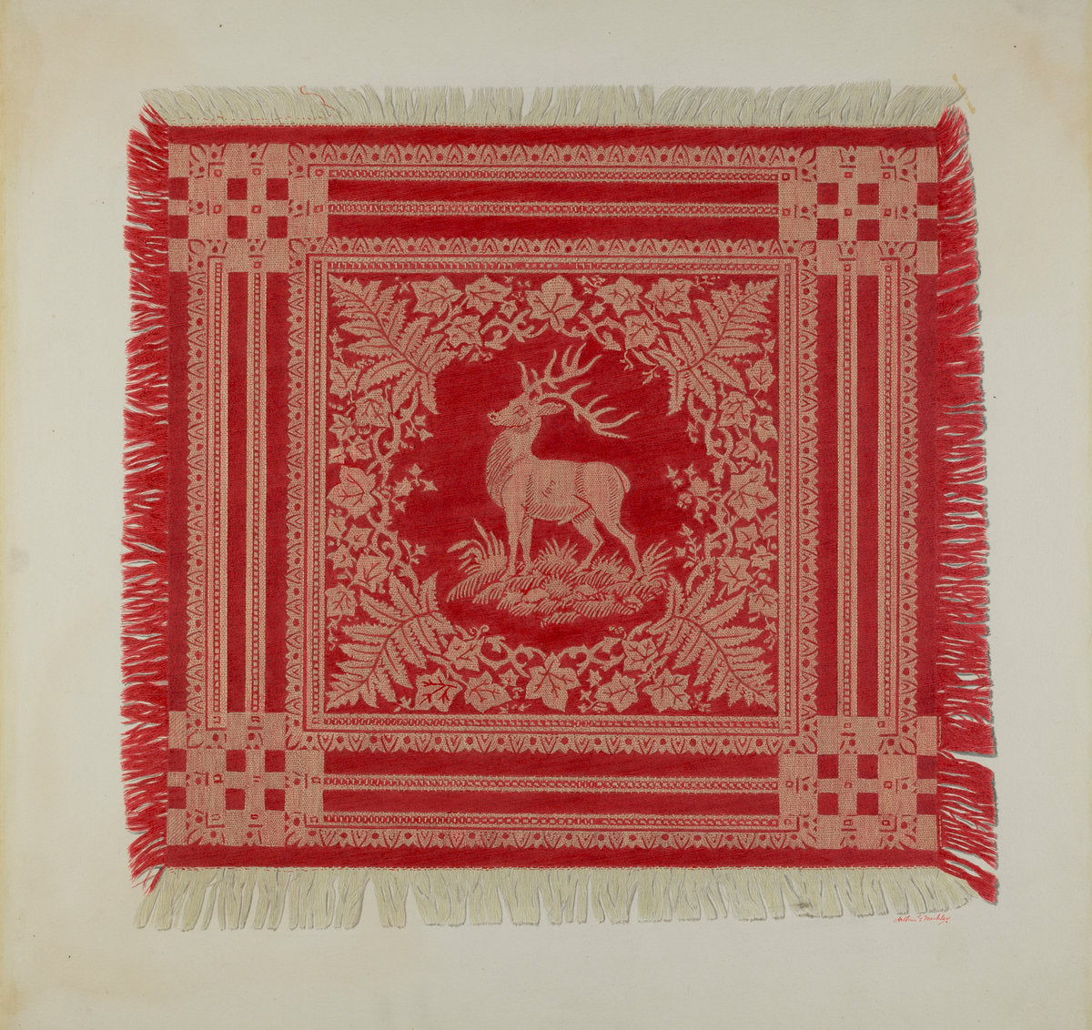 Red and White Napkin (Deer Design) by Arthur G. Merkley (American, active c. 1935), 16X12"(A3)Poster Print