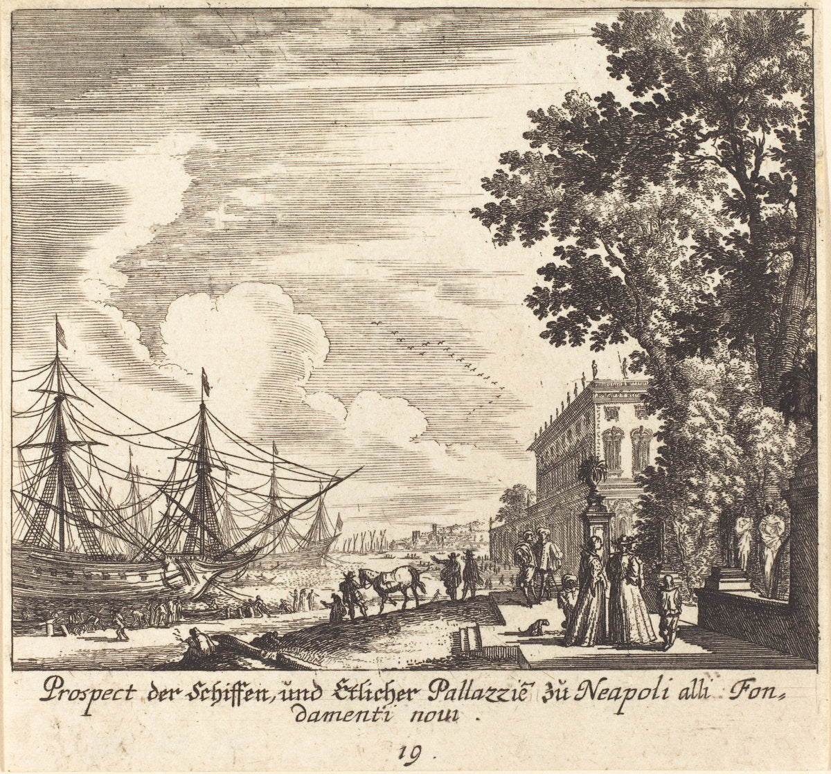 Ships, Fondamenti Novi, Naples by Melchior Küsel after Johann Wilhelm Baur (German, 1626 - 1683), 16X12"(A3)Poster Print