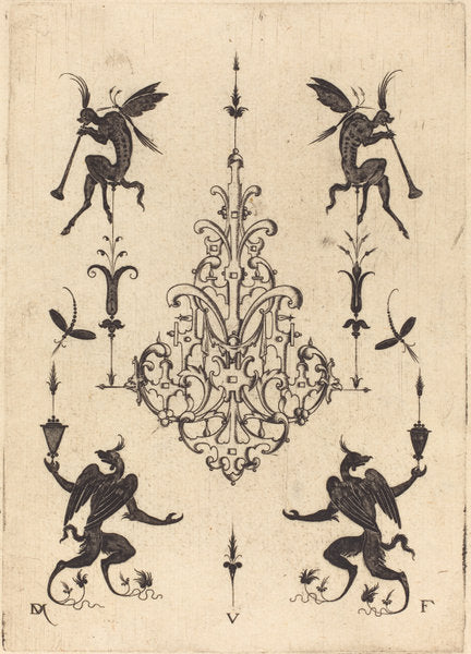 Brooch with Fantasy Creatures Blowing Horns at Top and Winged Griffins at Bottom by Daniel Mignot (German, active 1593/1596), 16X12"(A3)Poster Print