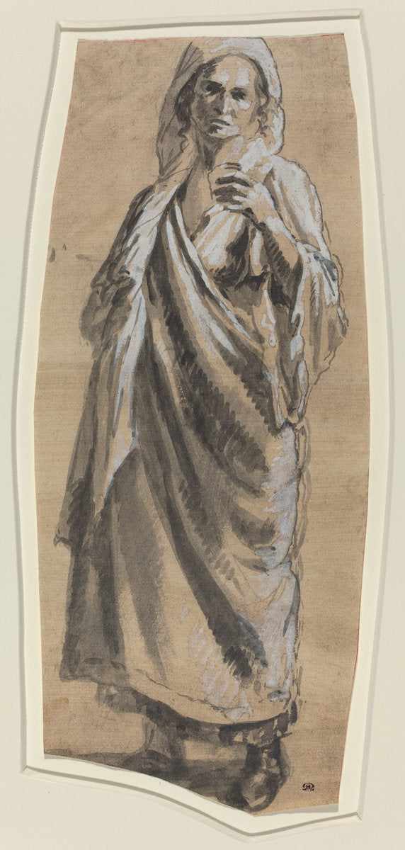 brush and black ink with white heightening on brown washed paper by Italian 18th Century (Study of a Standing Woman), 16X12"(A3)Poster Print
