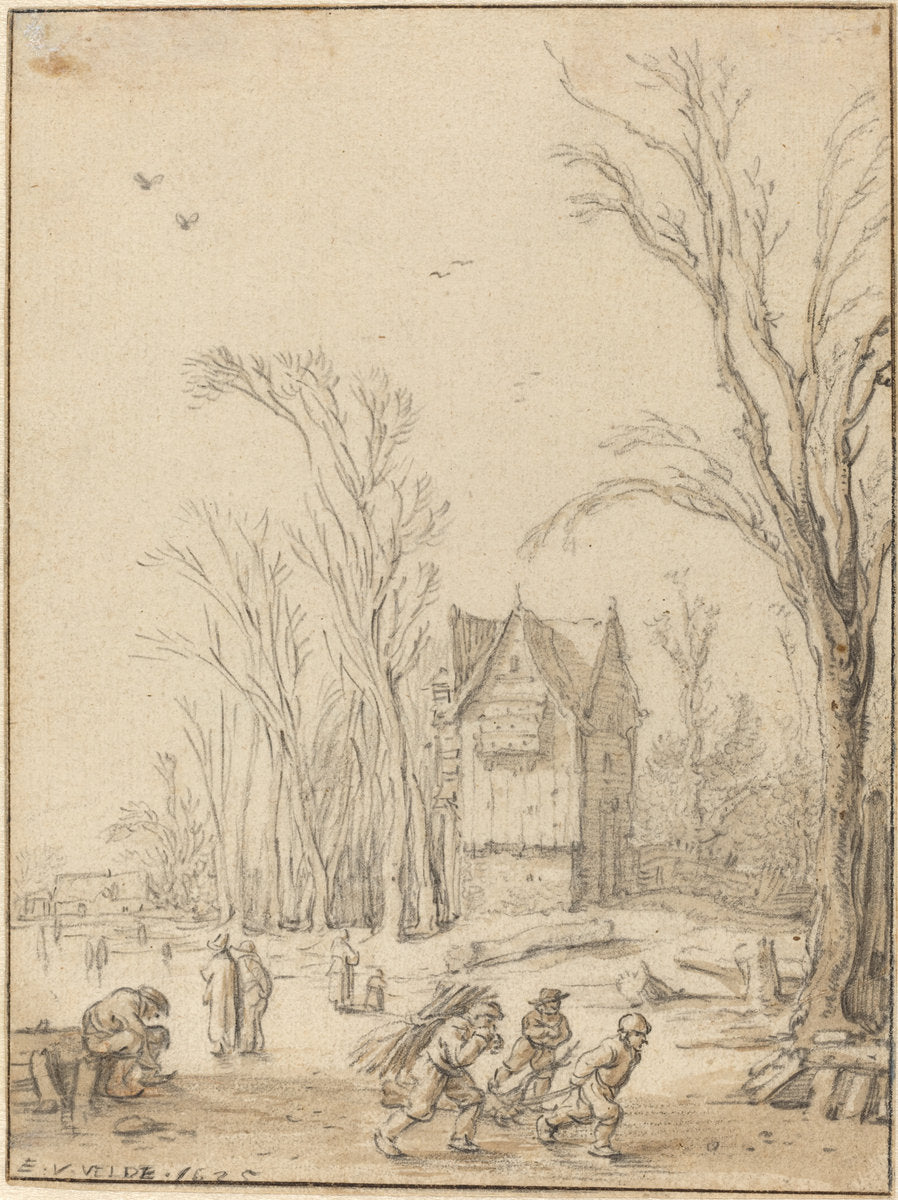 Villagers Skating on a Frozen Pond by Esaias van de Velde (Dutch, 1587 - 1630), 16X12"(A3)Poster Print