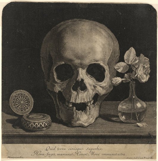 Still Life with a Skull and a Vase of Roses by Jean Morin (French, c. 1600 - 1650), 16X12"(A3)Poster Print