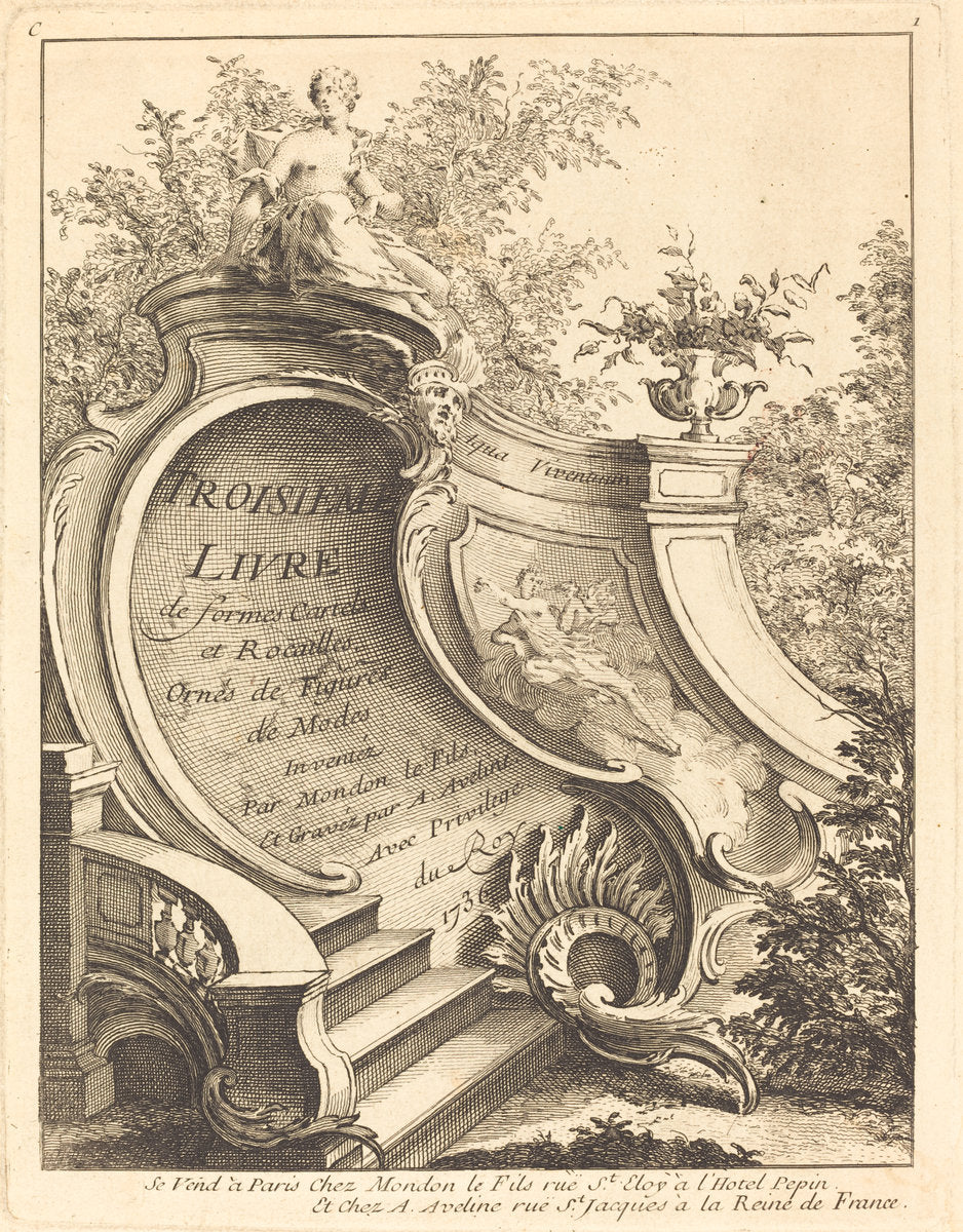 Troisieme livre de formes Cartels et Rocailles (Title Page) by Antoine Aveline after Jean Mondon (French, 1691 - 1743), 16X12"(A3)Poster Print
