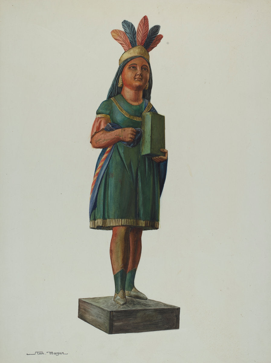 Wooden Pocahontas Store Figure by Stanley Mazur (American, active c. 1935), 16X12"(A3)Poster Print