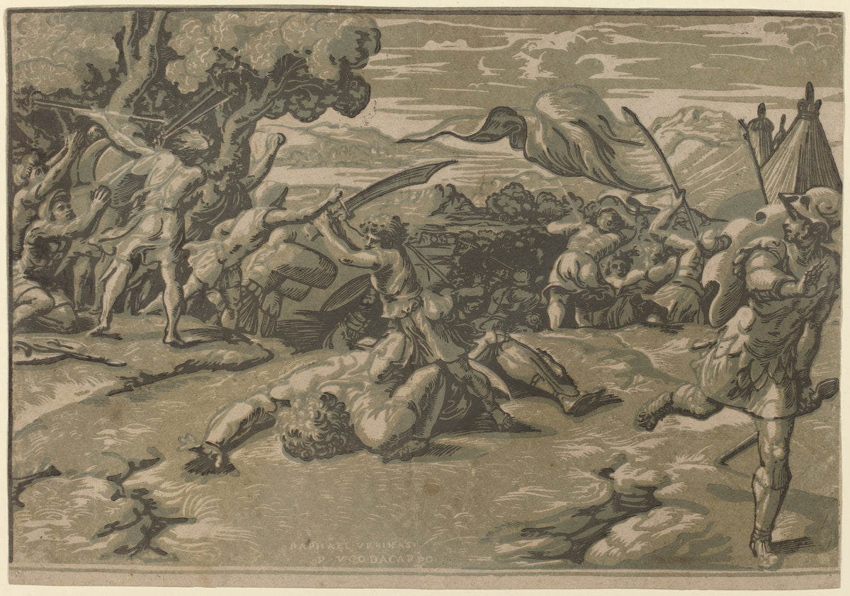 David Slaying Goliath by Ugo da Carpi after Raphael (Italian, c. 1480 - 1532), 16X12"(A3)Poster Print