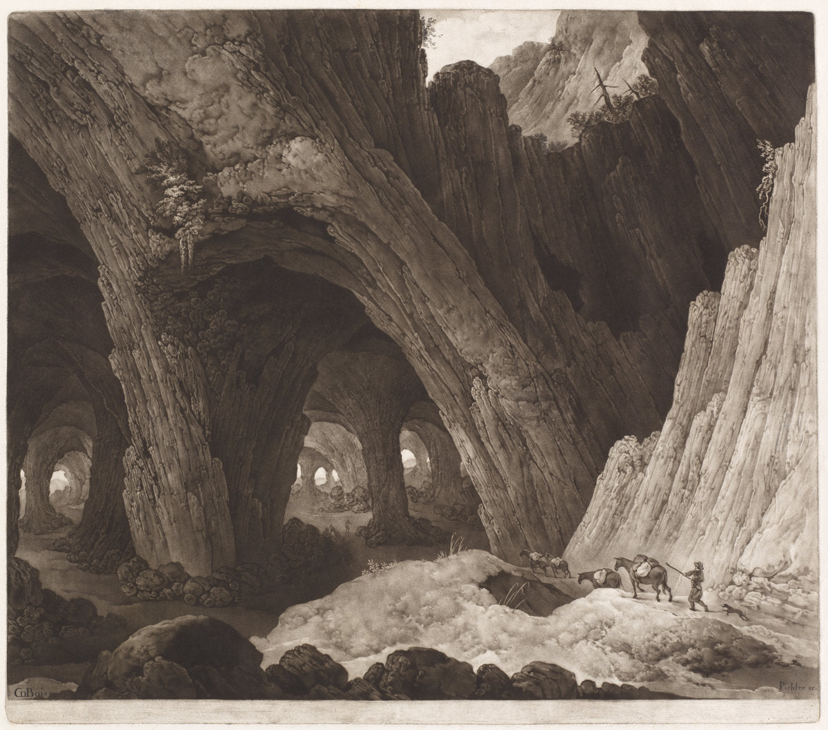 Travelers Resting in Gigantic Caverns (after Guillam Dubois) by Johann Peter Pichler, after Guillam Dubois (Austrian, 1765 - 1807), 16X12"(A3)Poster Print