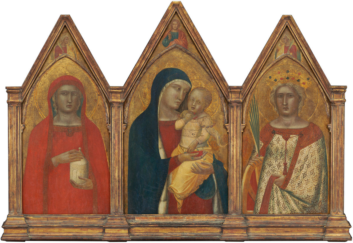 Madonna and Child with the Blessing Christ, and Saints Mary Magdalene and Catherine of Alexandria with Angels [entire triptych] by Pietro Lorenzetti (Sienese, active 1306 - 1345), 16X12"(A3)Poster Print