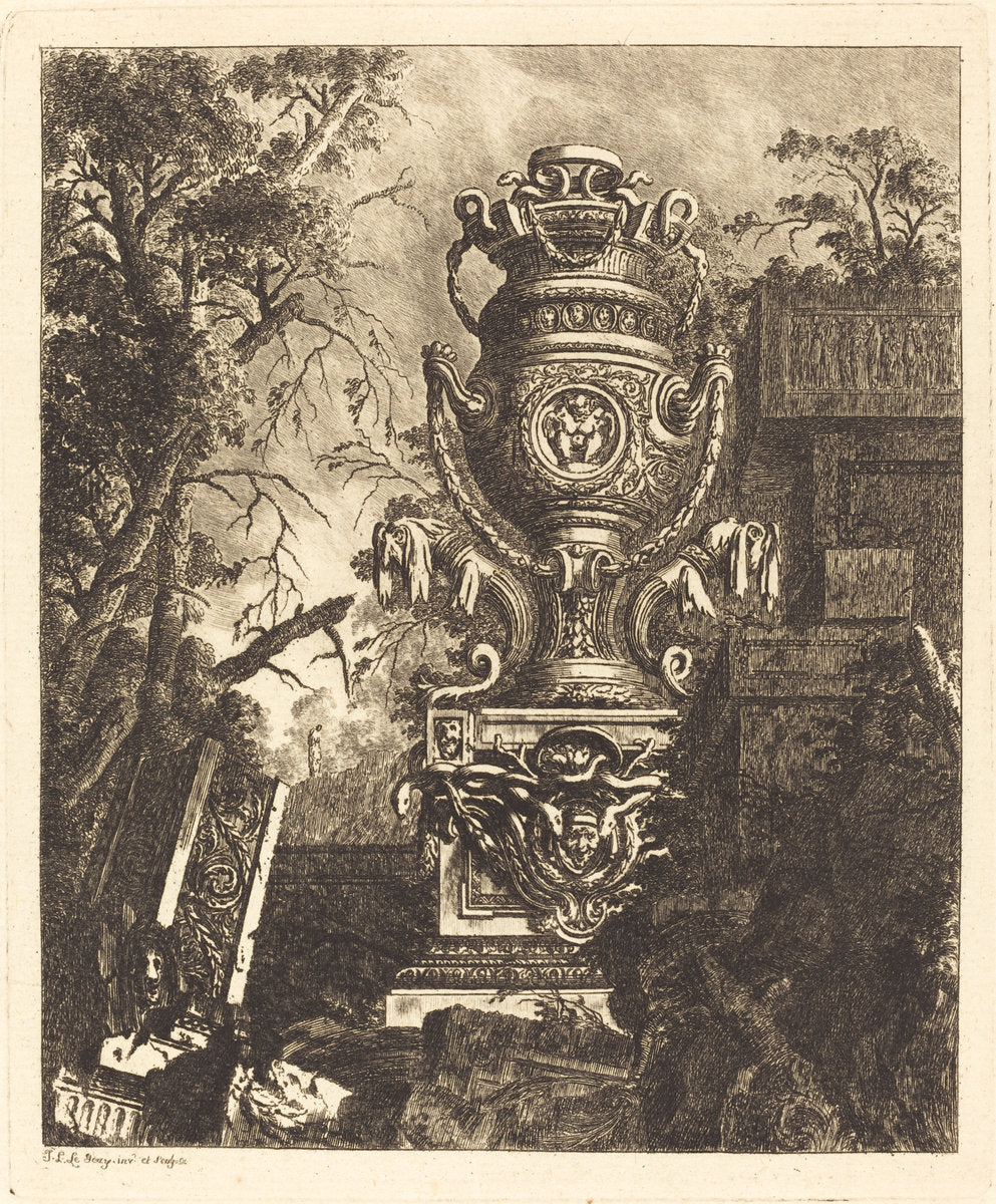 Vase with Two Fantastic Heads by Jean-Laurent Legeay (French, c. 1710 - after 1788), 16X12"(A3)Poster Print