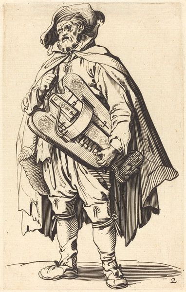 etching by after Jacques Callot (The Hurdy-Gurdy Player), 16X12"(A3)Poster Print