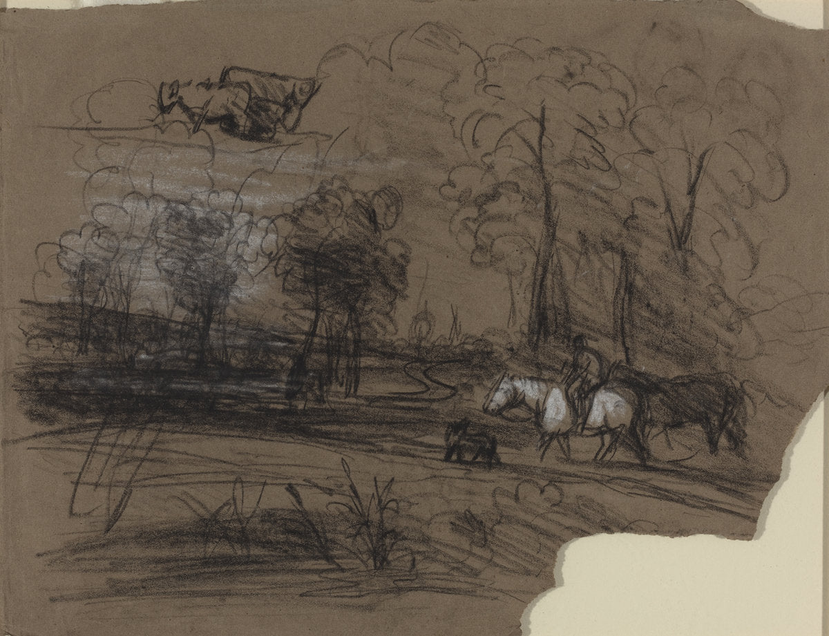 charcoal heightened with white on brown paper by French 19th Century (Possibly Alexandre-Gabriel Decamps) (Rider in the Countryside), 16X12"(A3)Poster Print