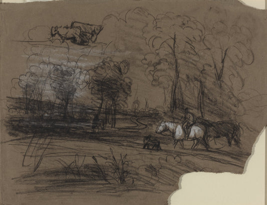 charcoal heightened with white on brown paper by French 19th Century (Possibly Alexandre-Gabriel Decamps) (Rider in the Countryside), 16X12"(A3)Poster Print