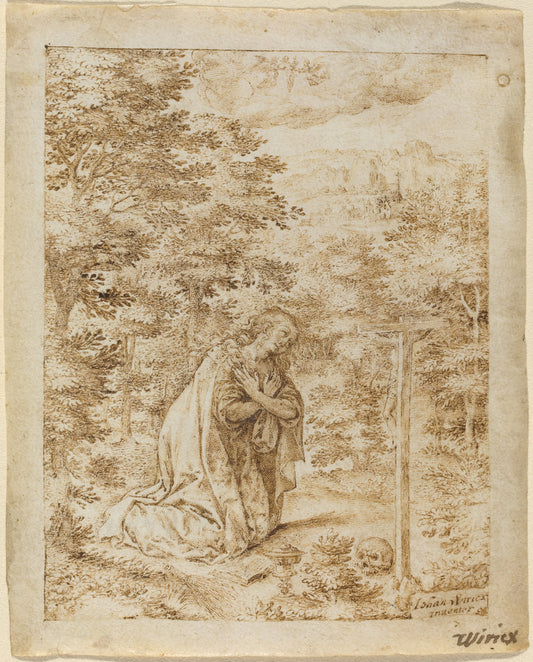 Mary Magdalene Praying in the Wilderness by Johan Wierix (Flemish, c. 1549 - 1615 or after), 16X12"(A3)Poster Print