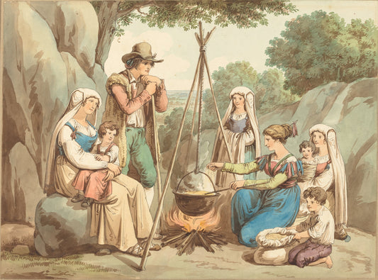 A Peasant Family Cooking over a Campfire by Bartolomeo Pinelli (Italian, 1781 - 1835), 16X12"(A3)Poster Print
