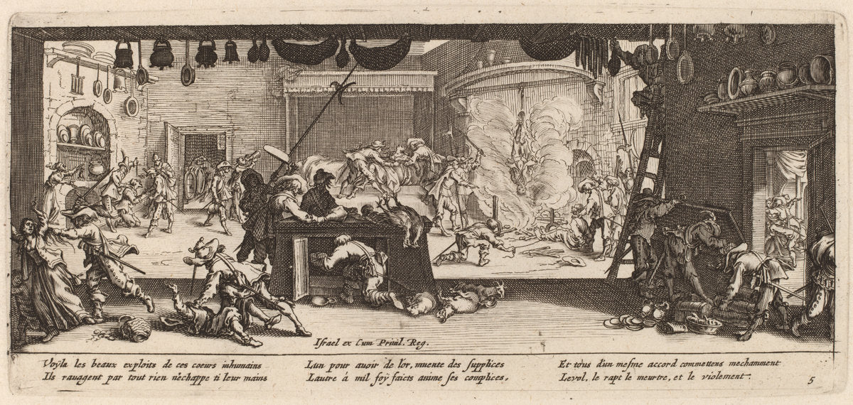 Plundering a Large Farmhouse by Gerrit van Schagen after Jacques Callot (Dutch, c. 1642 - 1690 or after), 16X12"(A3)Poster Print