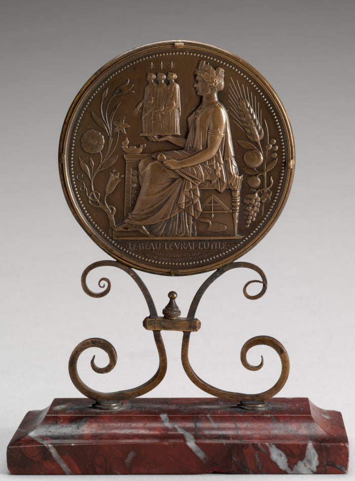 Architecture Holding Statues of Personifications of Structure, Form, and Color (Medal for the Société centrale des architects) [obverse] by Eugène-André Oudiné (French, 1810 - 1889), 16X12