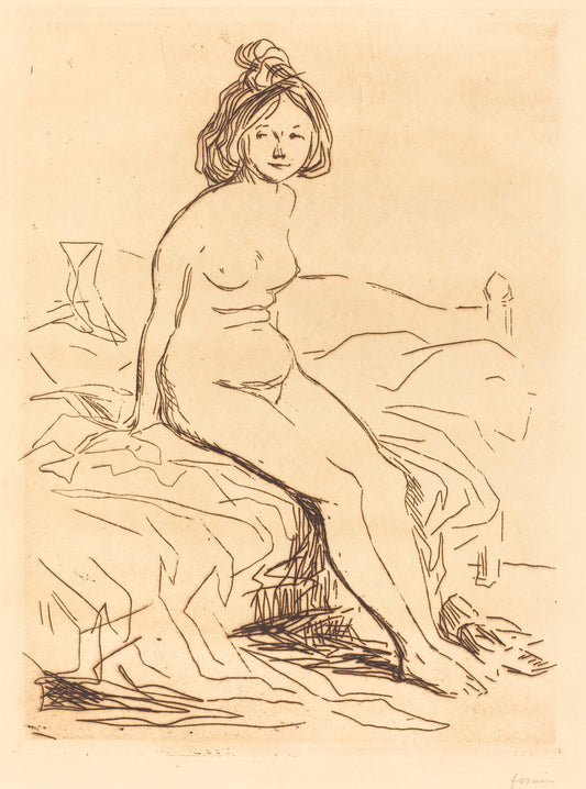 Nude Woman, Seated on Her Bed, Front View by Jean-Louis Forain (French, 1852 - 1931), 16X12"(A3)Poster Print