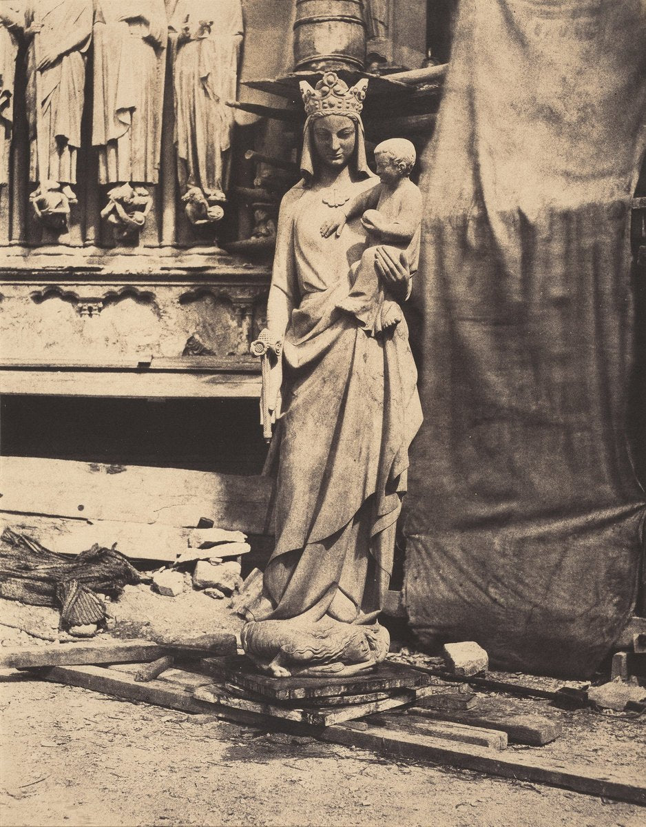 Vierge à l'enfant sculptée par Geoffroy-Dechaume, chantier de la cathédrale Notre-Dame, Paris (Madonna and Child, sculpted by Geoffroy-Dechaume, Notre-Dame Cathedral, Paris) by Auguste Mestral (French, 1812 - 1884), 16X12"(A3)Poster Print