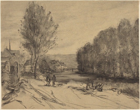 charcoal with stumping on laid paper by French 19th Century (A Landscape with a River), 16X12"(A3)Poster Print