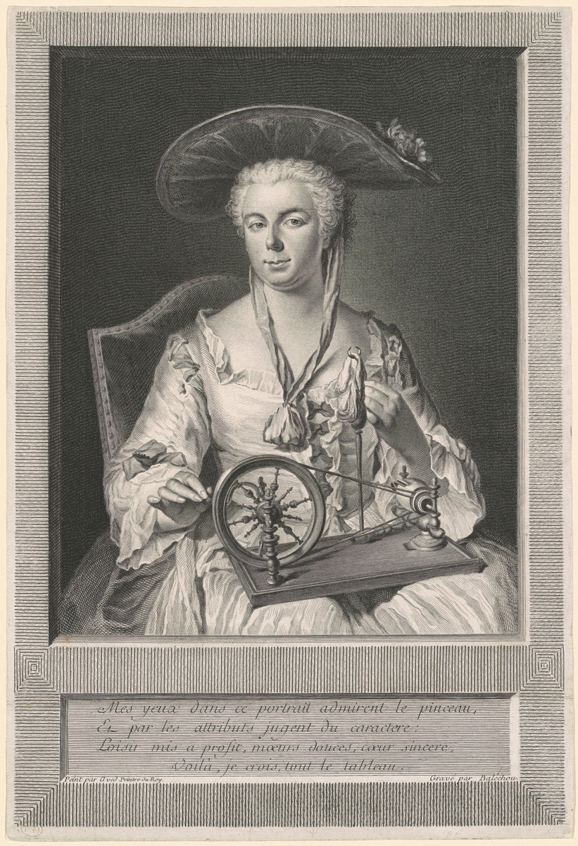 Madame Arlon Spinning Silk by Jean-Joseph Balechou, after Jean-Simon Aved (French, 1716 - 1764), 16X12"(A3)Poster Print