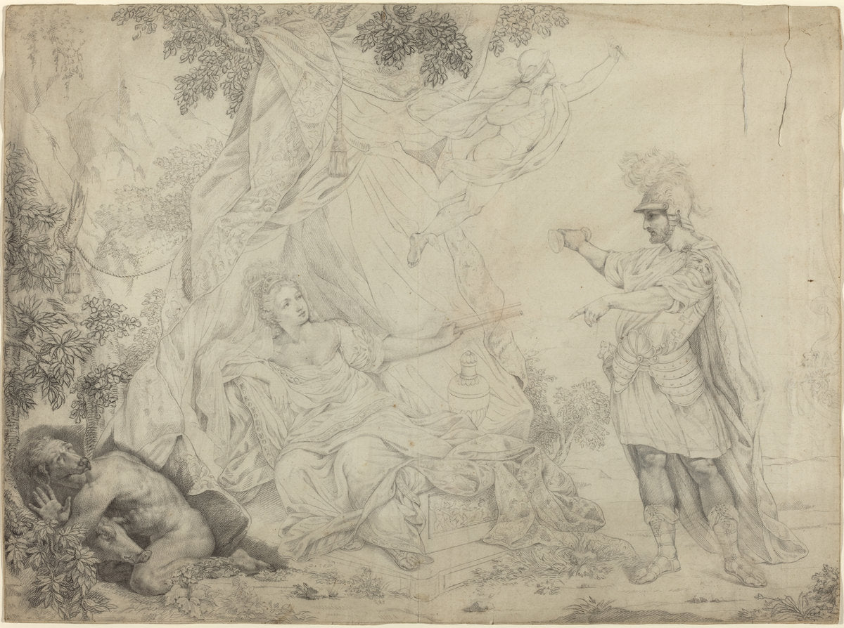 pen and brown ink with gray wash on laid paper by French 19th Century (Circe and Ulysses), 16X12"(A3)Poster Print