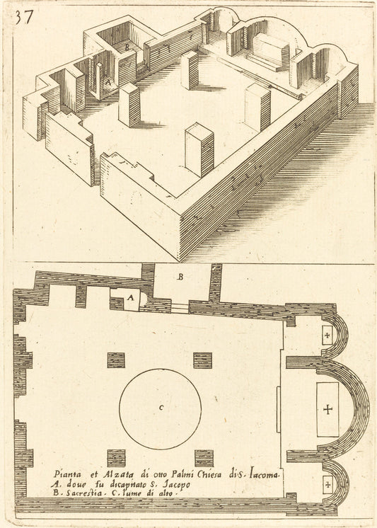 Plan and Elevation of the Church of S. Iacoma by Jacques Callot (French, 1592 - 1635), 16X12"(A3)Poster Print