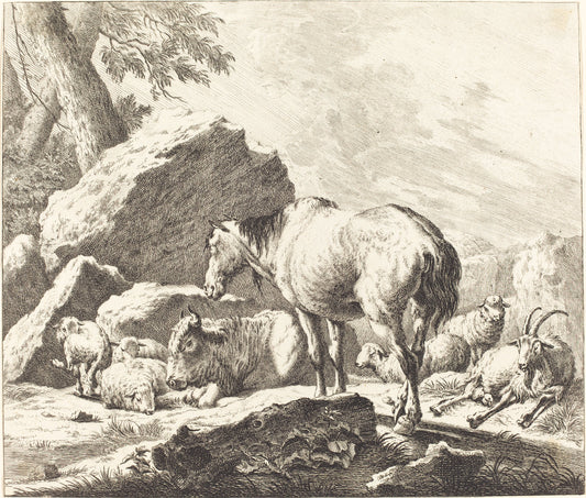 A Horse, Buffalo, Sheep, and Goat in an Italian Landscape by Johann Elias Ridinger after Johann Heinrich Roos (German, 1698 - 1767), 16X12"(A3)Poster Print