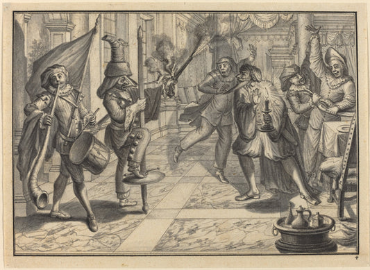 Mezzetin and Harlequin, Disguised as the Captain, Disrupt Pantaloon's Dinner by Johann Jacob Schübler (German, 1689 - 1741), 16X12"(A3)Poster Print
