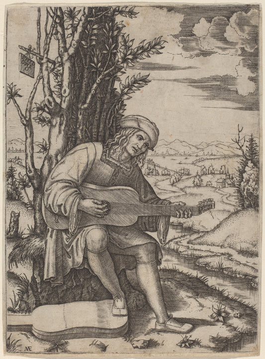 The Guitar Player by Marcantonio Raimondi (Italian, c. 1480 - c. 1534), 16X12"(A3)Poster Print