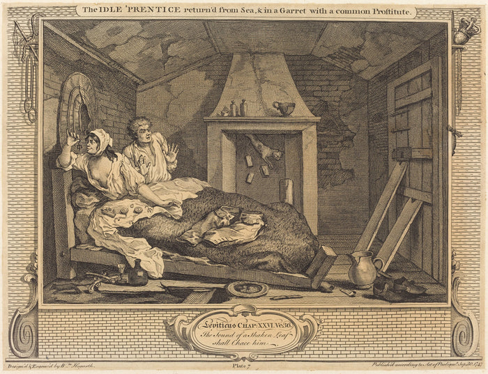 The Idle 'Prentice return'd from Sea & in a Garret with a common Prostitute by William Hogarth (English, 1697 - 1764), 16X12