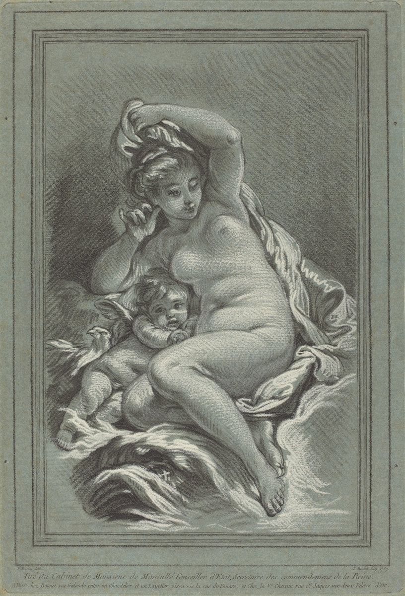 Venus and Cupid on a Dolphin by Louis-Marin Bonnet after Juste-François Boucher (French, 1736 - 1793), 16X12"(A3)Poster Print