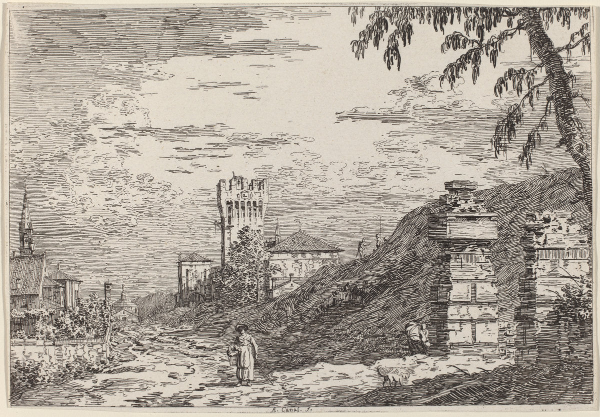 Landscape with Tower and Two Ruined Pillars by Canaletto (Italian, 1697 - 1768), 16X12"(A3)Poster Print