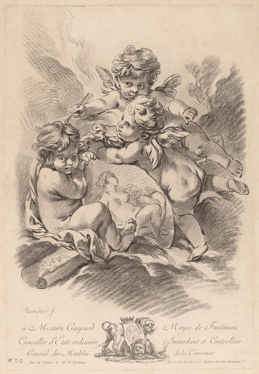 Allegory of Painting with Three Cherubs (99) by Gilles Demarteau the Elder after François Boucher (French, 1722 - 1776), 16X12"(A3)Poster Print