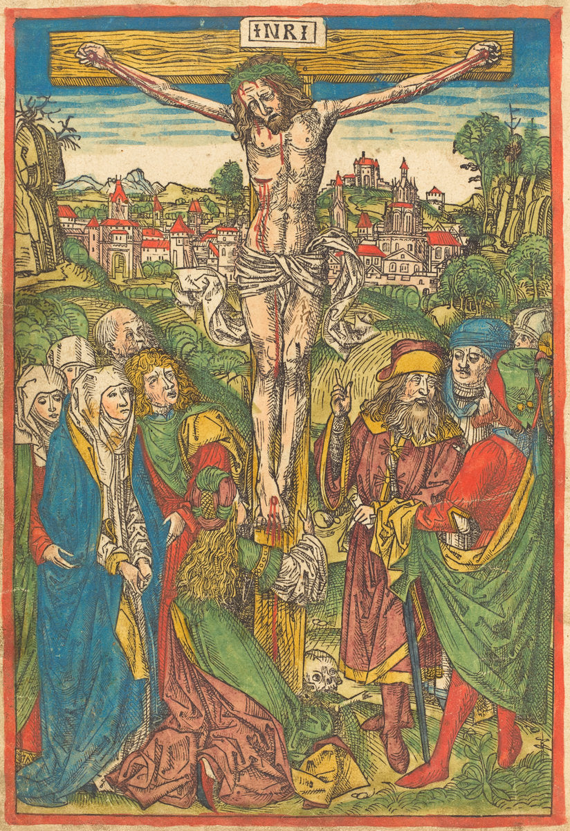 The Crucifixion with Saint Mary Magdalene by Attributed to Michael Wolgemut (German, 1434 - 1519), 16X12"(A3)Poster Print