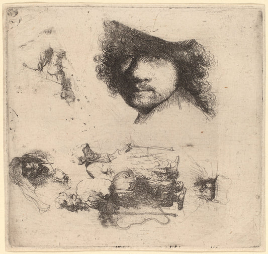 Sheet of Studies including Head of the Artist, a Beggar Couple, Heads of an Old Man a by Rembrandt van Rijn (Dutch, 1606 - 1669), 16X12"(A3)Poster Print