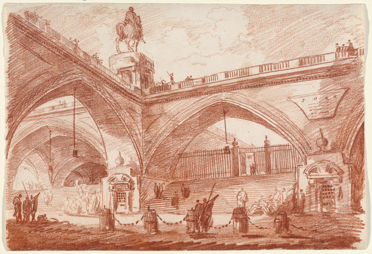 Architectural Fantasy with a Triumphal Bridge by Hubert Robert (French, 1733 - 1808), 16X12"(A3)Poster Print
