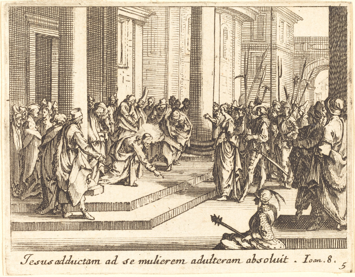 Christ and the Woman Taken in Adultery by Jacques Callot (French, 1592 - 1635), 16X12"(A3)Poster Print