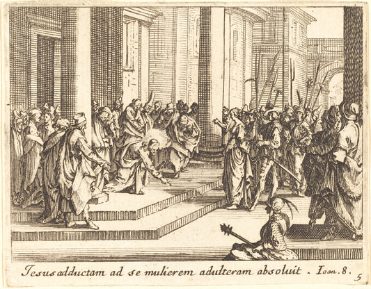 Christ and the Woman Taken in Adultery by Jacques Callot (French, 1592 - 1635), 16X12"(A3)Poster Print