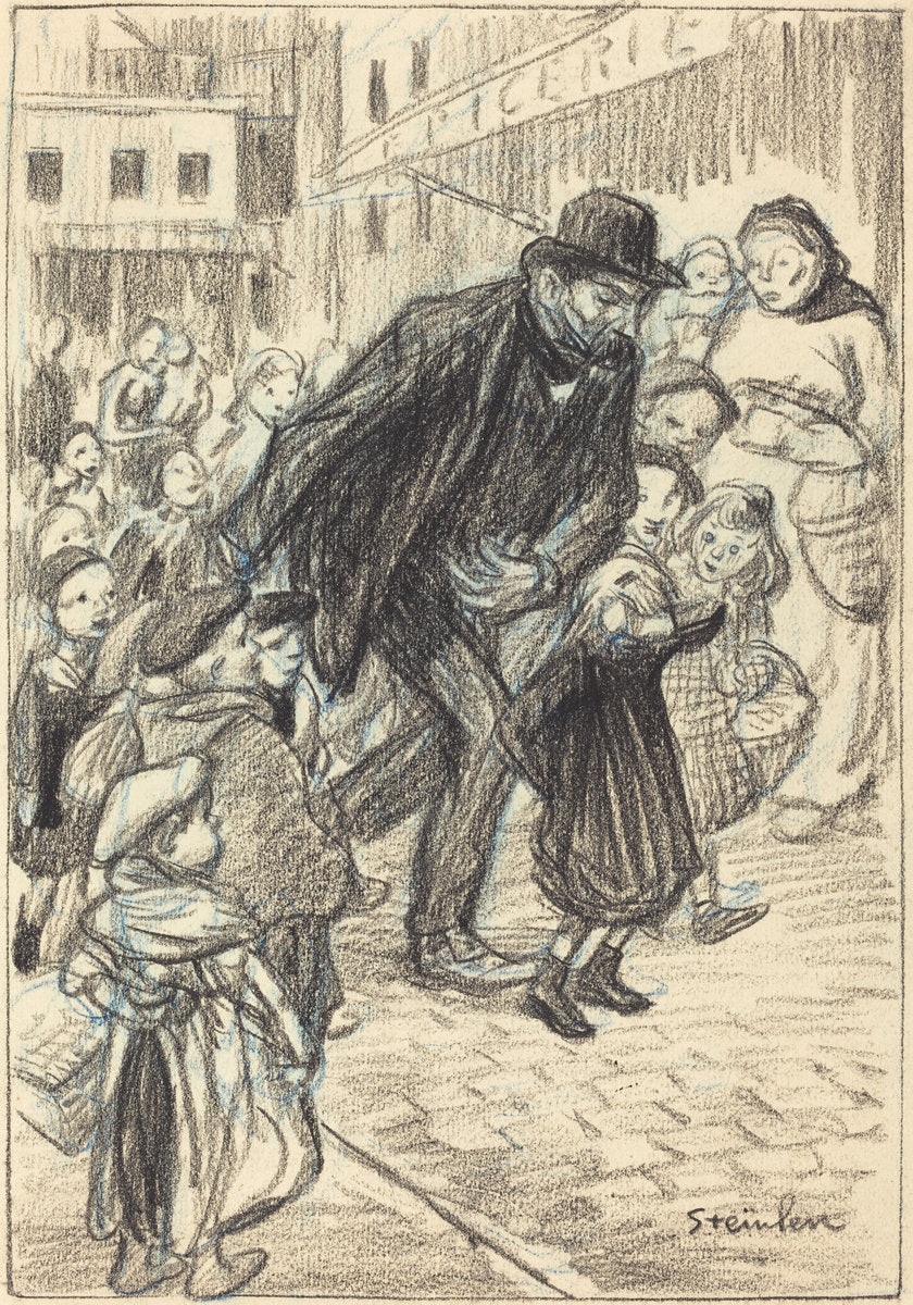 A Man on a City Street, Surrounded by Children (Un Père) by Théophile Alexandre Steinlen (Swiss, 1859 - 1923), 16X12"(A3)Poster Print