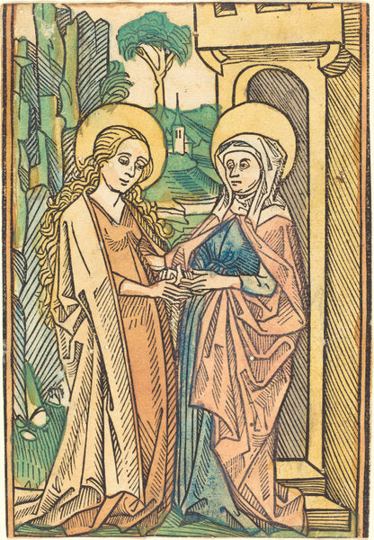 hand-colored woodcut by German 15th Century (Visitation), 16X12"(A3)Poster Print