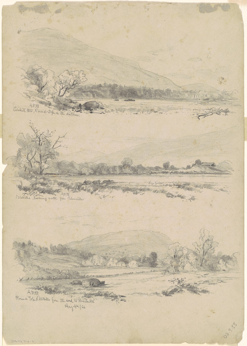 Catskill Mountains, Round-Top in the Distance; Catskills Looking North from Palenville; and Round Top, Catskills, from the Road to Bracketts [verso] by Andrew Fisher Bunner (American, 1841 - 1897), 16X12"(A3)Poster Print