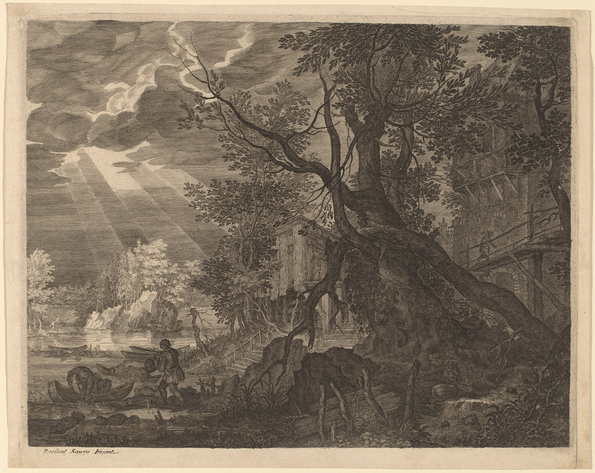 Landscape with Men Fishing by Moonlight by Aegidius Sadeler II after Roelandt Savery (Flemish, c. 1570 - 1629), 16X12"(A3)Poster Print