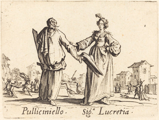 Pulliciniello and Siga. Lucretia by Jacques Callot (French, 1592 - 1635), 16X12"(A3)Poster Print